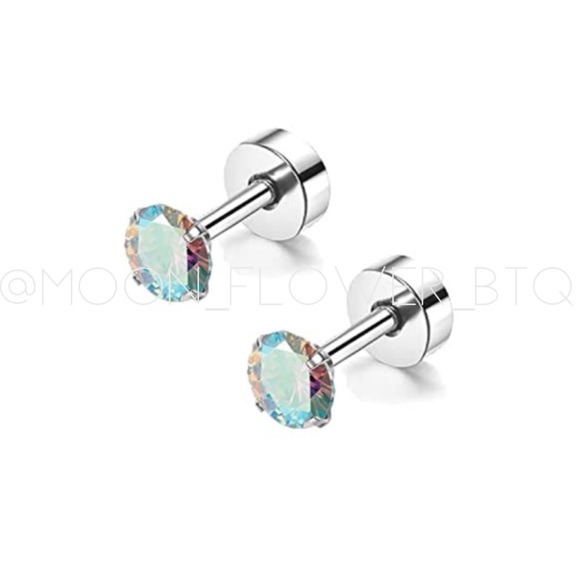 Iridescent CZ Flat Back Earrings 4mm | 20G Stainless Steel Hypoallergenic Studs - Picture 1 of 6
